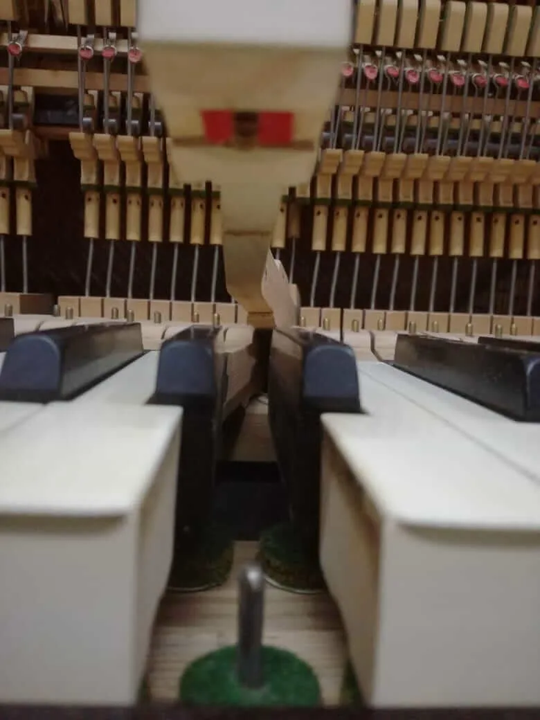 Primer plano de la mecánica de un piano, con las teclas y los martillos
